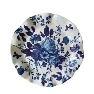 Shabby Chic Floral Melamine Salad Plates 9in Blue White Fluted Edge Set 4 NEW